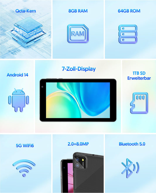 7-inch BAKEN tablet, Android 14 tablet with 8GB RAM+64GB ROM, 1TB expansion, Octa-Core processor tablet PC, 600 x 1024 IPS HD screen, 3500mAh battery, dual camera, WiFi (Black).