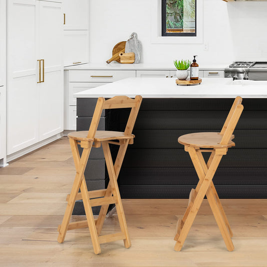 LIFEZEAL folding bar stools, set of 2 bamboo bar chairs, kitchen counter stools with backrest & footrest, folding bistro stools with heart-shaped seat, perfect for bars & kitchens, natural color.