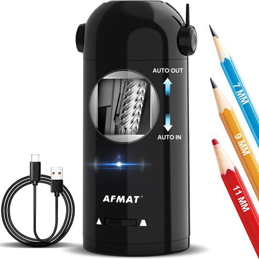 AFMAT Fully Automatic Electric Pencil Sharpener with Container, Electric Sharpener for 7-11.5mm pencils, Portable and Safe, Rechargeable Pencil Sharpener for Home, Office, School, Black