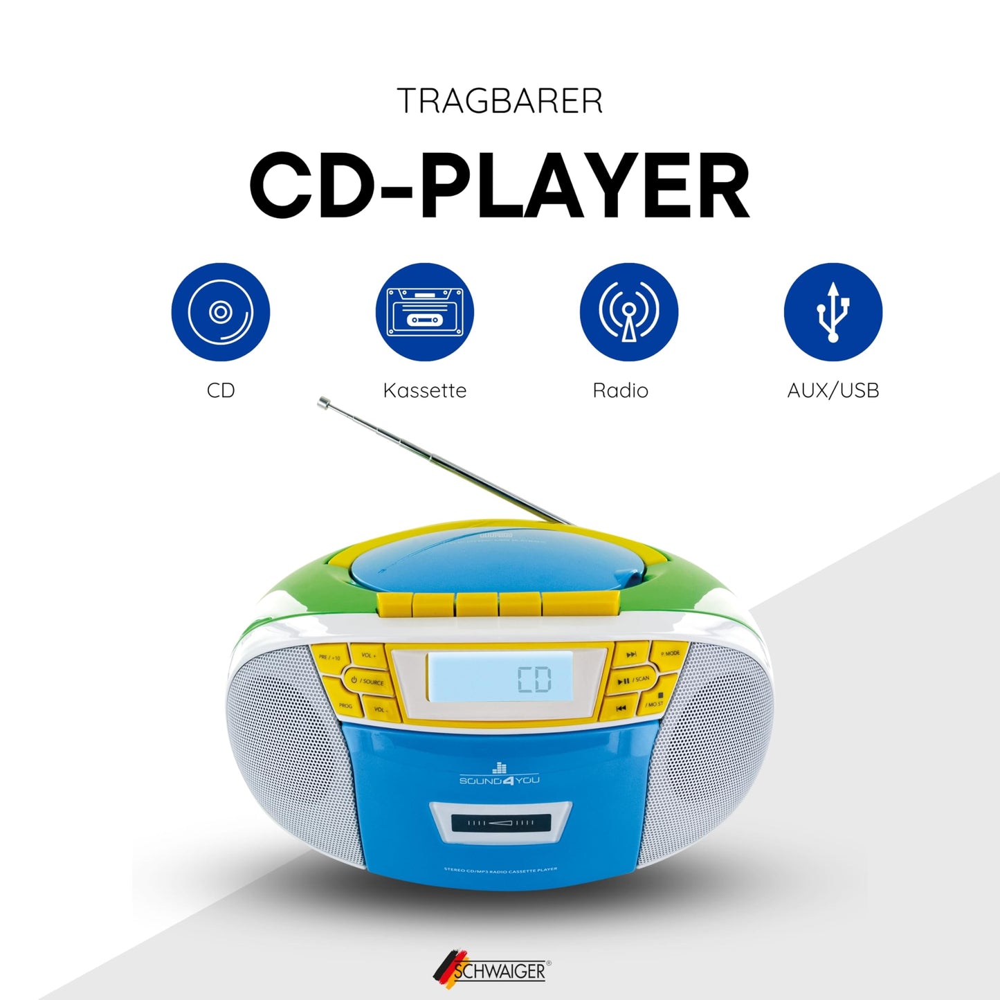 SCHWAIGER 661644 CD player with cassette and radio MP3 USB connection FM radio AUX headphones Boombox mains and battery operation display portable colorful
