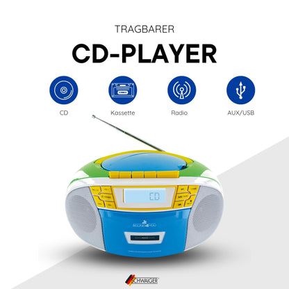 SCHWAIGER 661644 CD player with cassette and radio MP3 USB connection FM radio AUX headphones Boombox mains and battery operation display portable colorful