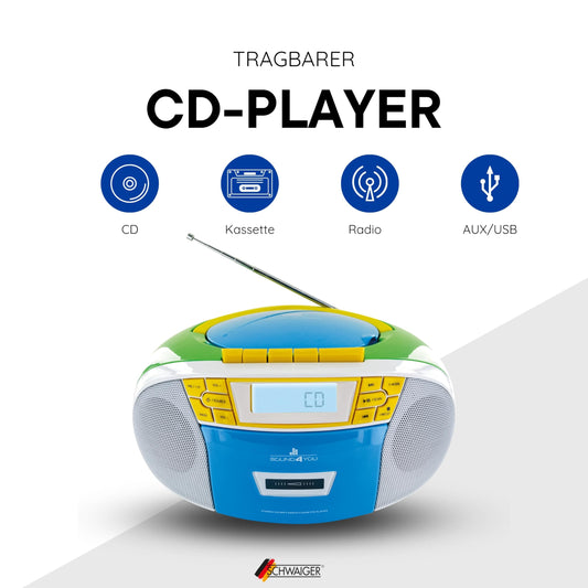 SCHWAIGER 661644 CD player with cassette and radio MP3 USB connection FM radio AUX headphones Boombox mains and battery operation display portable colorful