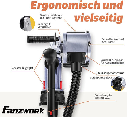 FANZWORK V2 1500 Watt Satiniermaschine for renovating all kinds of surfaces, with dust extraction connection, speed control, ball handle, steel wire & nylon & sandpaper brush.