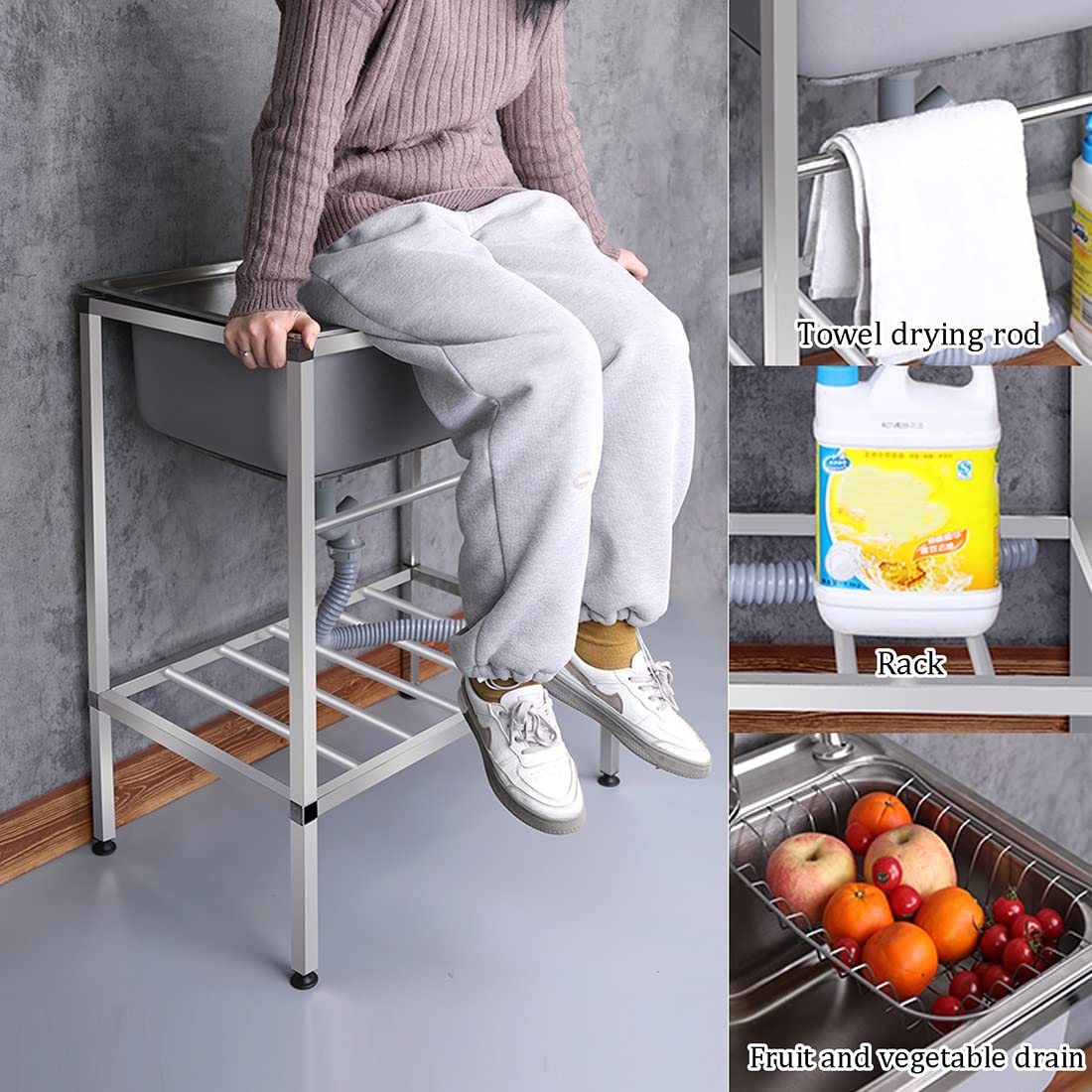 Kitchen sink stainless steel sink with stand free-standing commercial restaurant kitchen washing station hand sink with drain basket for laundry backyard garage outdoor (Color: Hot co