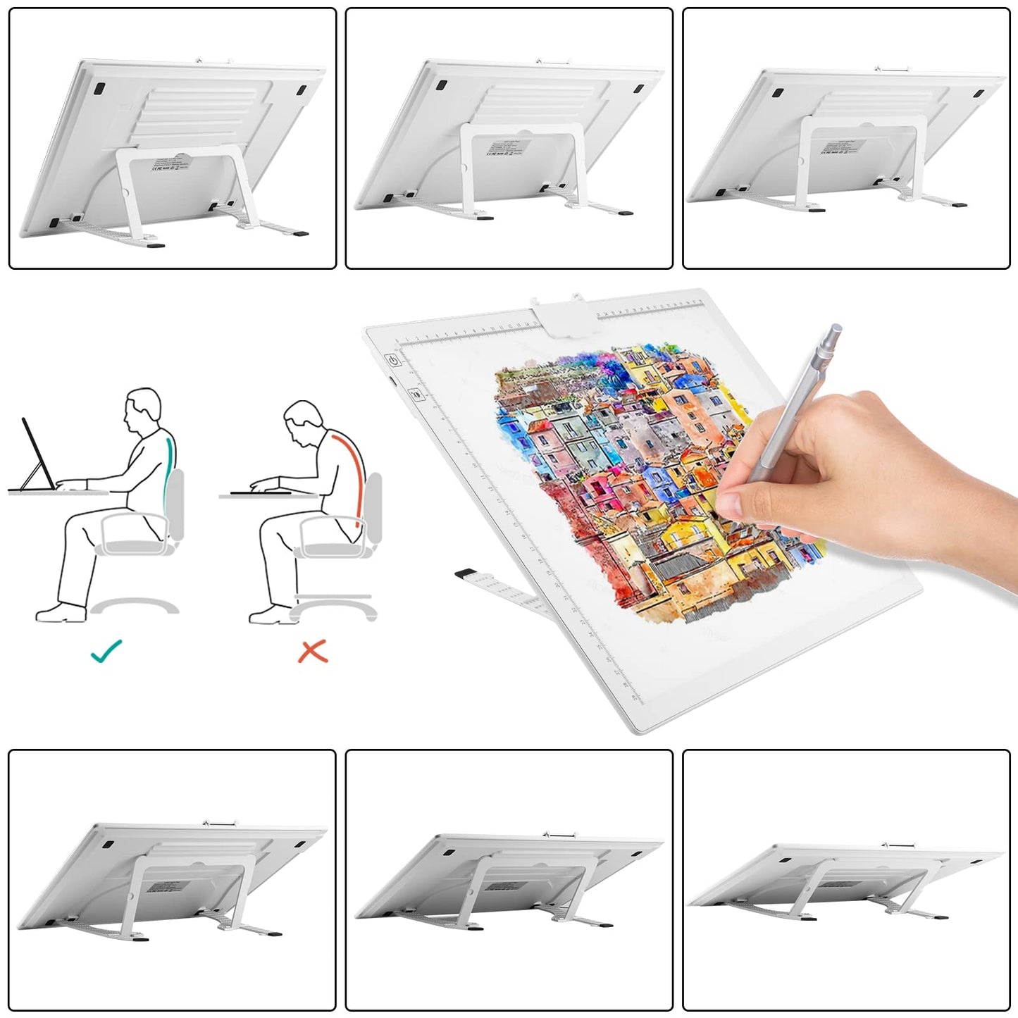 QENSPE A3 Wireless Light Table, LED Light Pad Light Box for Kids with Battery, 3 Color Modes and 6 Brightness Levels, Fully Dimmable, Lightbox with Stand and Magnetic Clip, Diamond Painting Accessories.