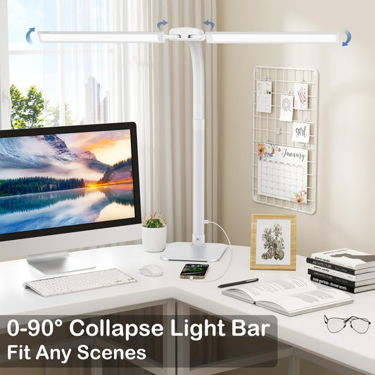 Kary LED Desk Lamp Dimmable with USB Charging Port and base, 24W Ultra Bright Dual Head Table Lamp for Office, Work, Design, Reading, Eye-Care Lamp with Remote Control, White