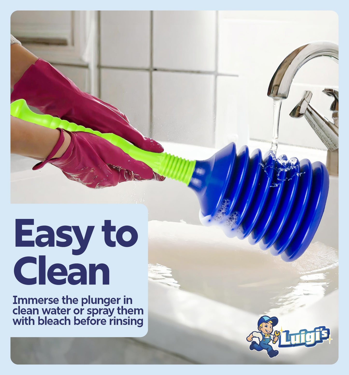 Luigi's sink and drain plunger - for bathroom kitchen sink baths and showers - powerful toilet plunger small with large bellows