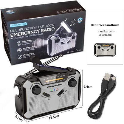 Solar radio, AM/FM portable crank radio dynamo emergency radio with 4000mAh rechargeable battery, LED flashlight, SOS alarm for camping, outdoor, emergency (Grey)
