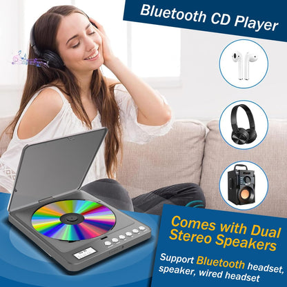 Portable CD player with Bluetooth and headphones, rechargeable CD player with speaker and FM transmitter. 2000mAh lithium battery, portable Discman CD player for adults, students, and children.