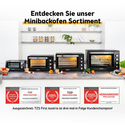 TZS First Austria - Mini Oven 60L 2000W - Mini Oven Pizza Oven Temperature control up to 230°C & 6 modes - Spacious mini oven with 60 Min. Timer, 4 rack heights, baking tray, grill rack & rotisserie