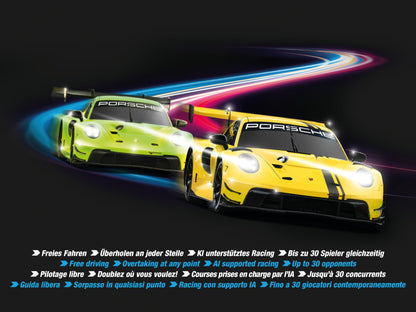 Carrera HYBRID Speedway to Hell I Racing fun of the new generation - Legendary racing cars Porsche 911 GT3 R in 1:50 scale - Hybrid technology with AI support - Control via smartphone app.