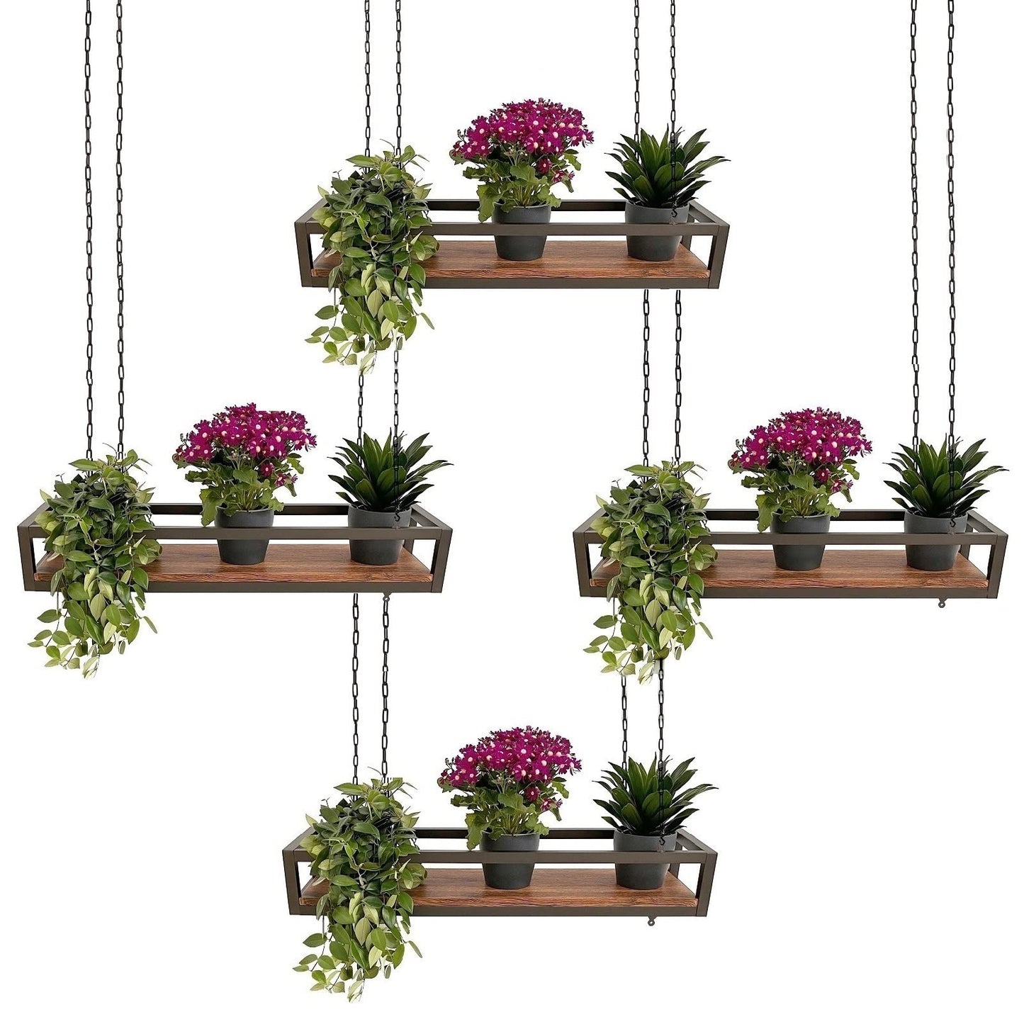 yelloo - Ceiling shelf with chains, ideal as flower shelf, indoor and outdoor plant stand, classic and elegant design for home, garden, balcony (FLOWERS 95 cm, Brown/Walnut)