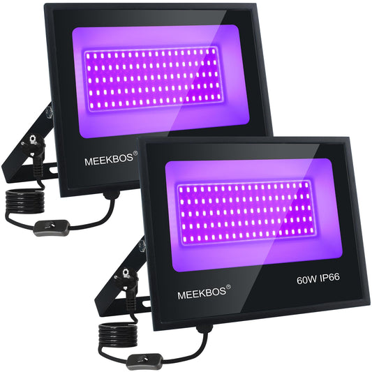 MEEKBOS Blacklight Projector, 2 pack 60W LED Blacklight lamp, IP66 Waterproof Outdoor UV Floodlight with plug, 385-400NM spotlight for Blacklight Party, GLOW, Halloween, Fluorescent Painting.