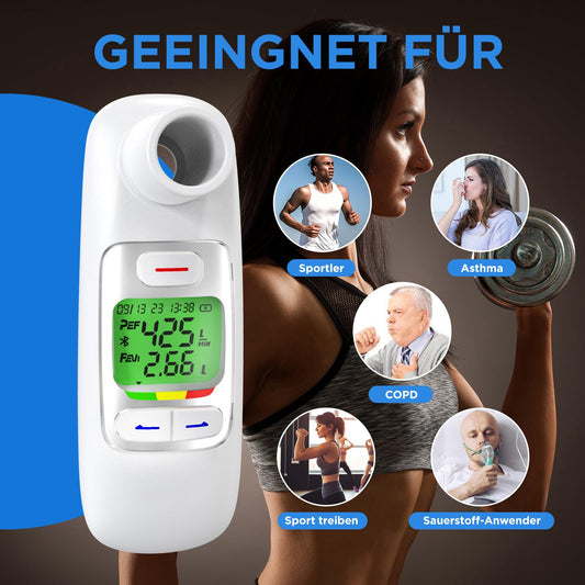 Peak Flow Meter 2.0 with Bluetooth, lung trainer for adults and children to monitor lung function, 300 historical data with time, for asthma COPD, PEF & FEV1, risk indicator, APP.