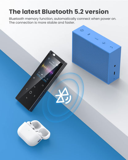 128GB MP3 Player Bluetooth 5.2, DODOSOUL MP3 Player with Headphones, FM Radio, Voice Recorder, Mini Design, HiFi Sound, E-Book Reader, Photo Album, Ideal for Sports, Speaker