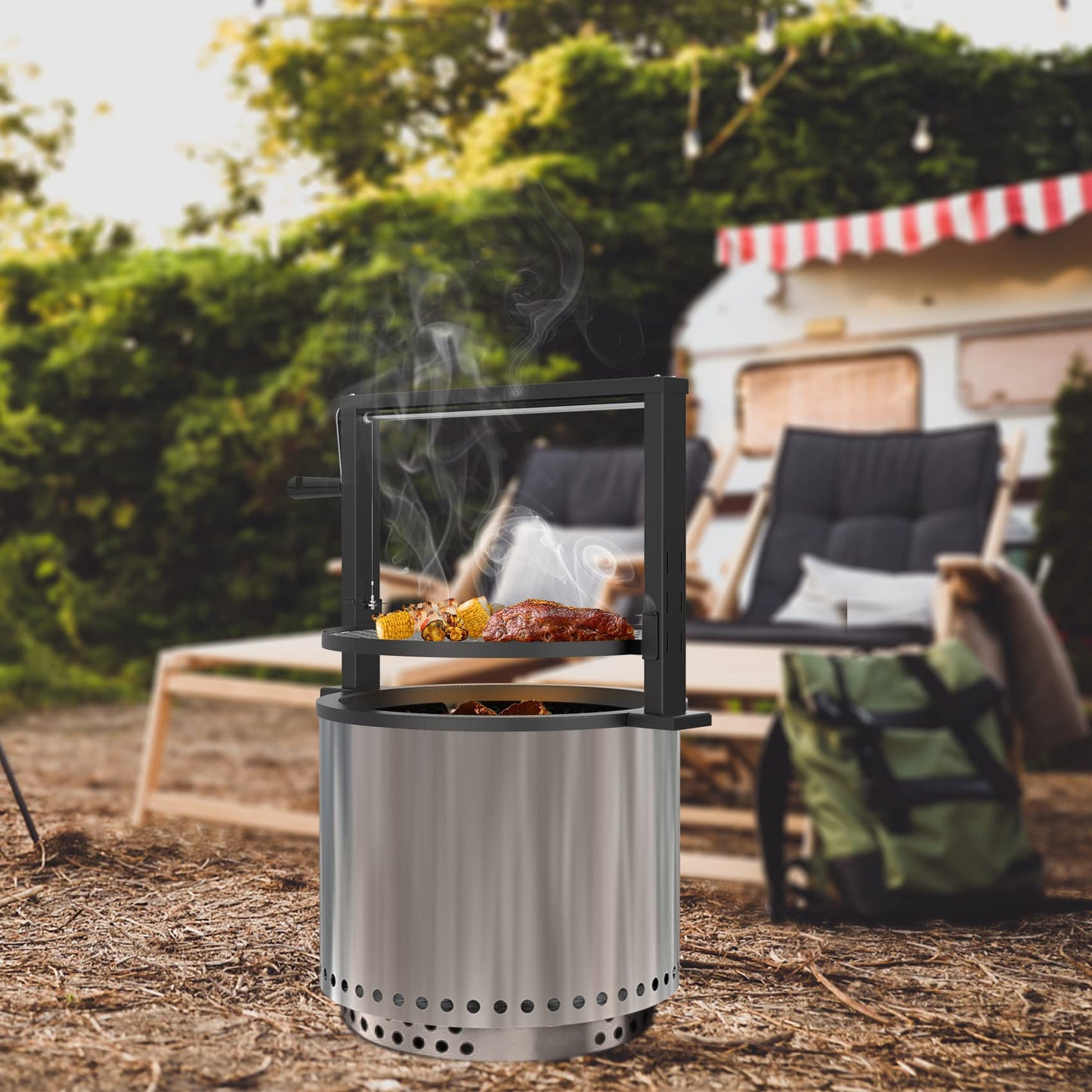 onlyfire Portable Rotisserie Kit for Solo Stove Bonfire 49.6cm Fire Pit, Rotisserie with Motor, 2 Meat Forks, and Adjustable Grill Grate for Camping, Outdoor, BBQ