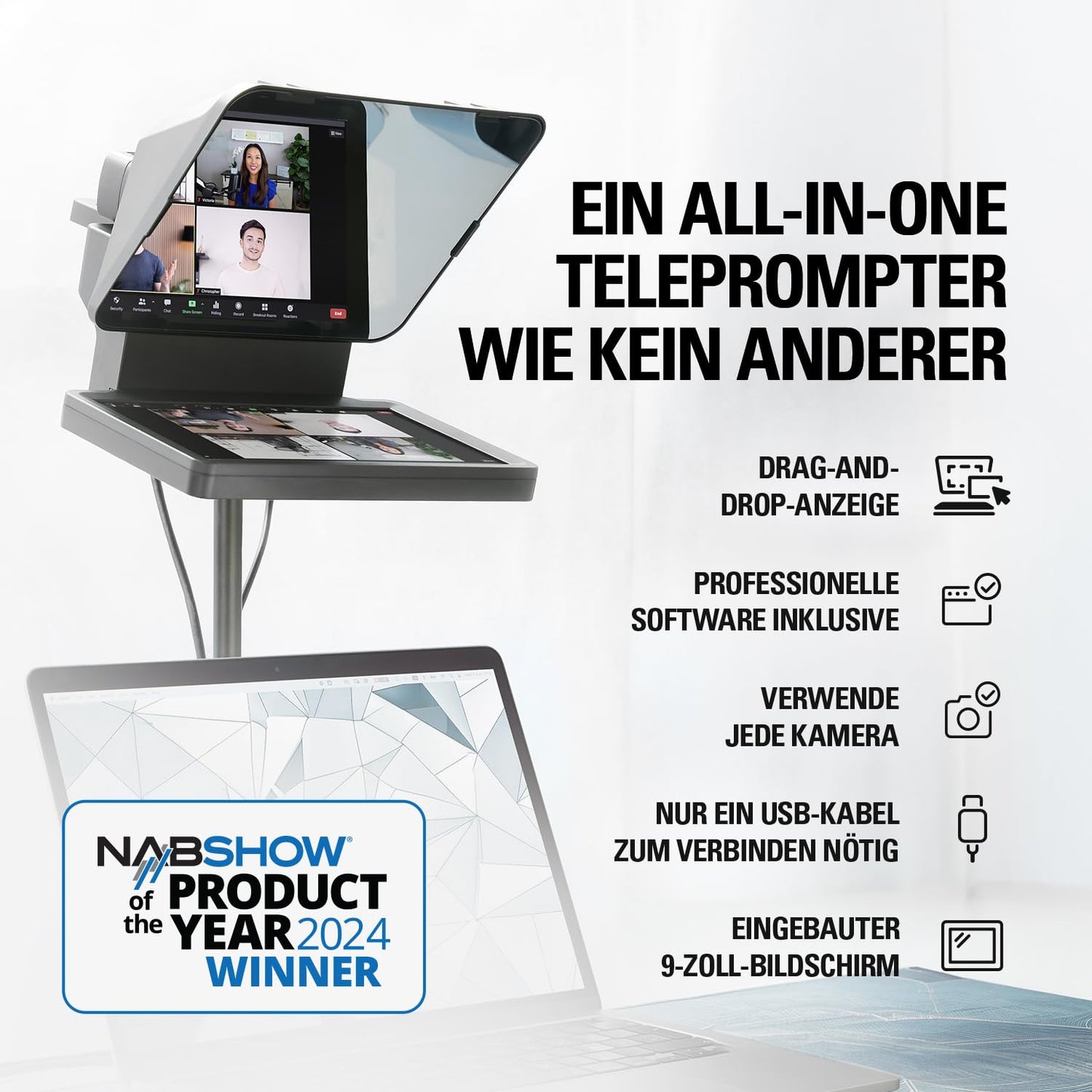 Elgato Prompter - Teleprompter with built-in screen for YouTube, Twitch, Zoom, Teams, and more, supports DSLR/Webcam/Smartphone, Drag&Drop monitor display, works with Mac/PC & Stream Deck.