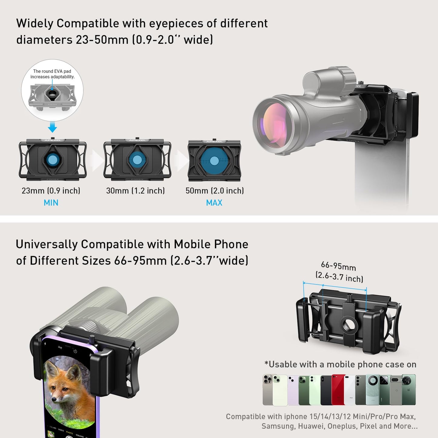 APEXEL Universal Phone Adapter with remote shutter update, 360° rotation Compatible with binoculars, monoculars, and microscopes, telescope adapter for all smartphones.