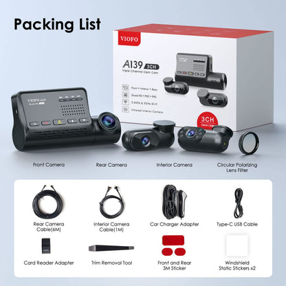 VIOFO A139 3-channel 5GHz WiFi dashcam with mobile monitoring, built-in GPS with CPL filter, 1440P + dual 1080P cameras, 2560P X 1440P 60fps front, 24-hour parking mode with IR night vision, and a max of 256GB storage capacity.