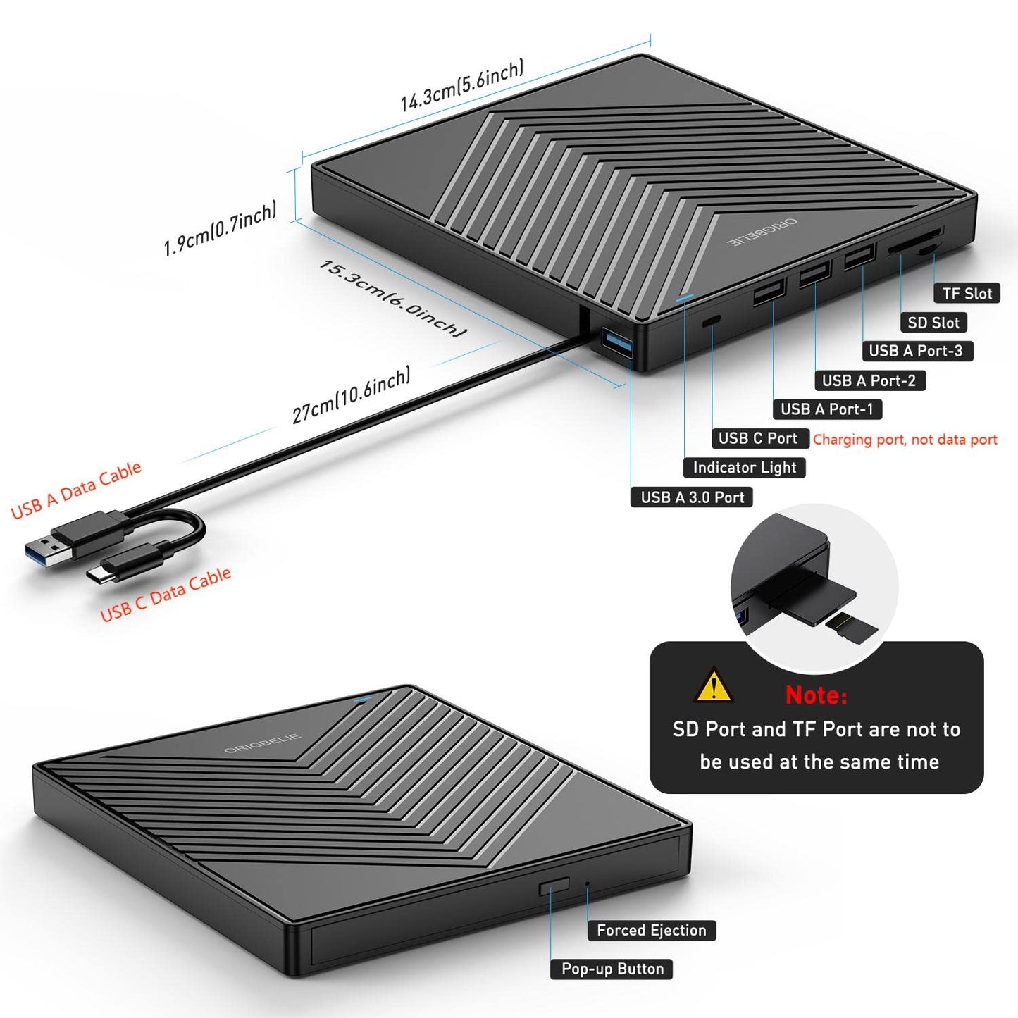 ORIGBELIE External DVD Drive, Ultra Slim CD Burner USB 3.0 with 4 USB Ports and 2 TF/SD Card Slots, Plug-and-Play External CD Drive for Laptop Mac, PC Windows 11/10/8/7, Linux OS