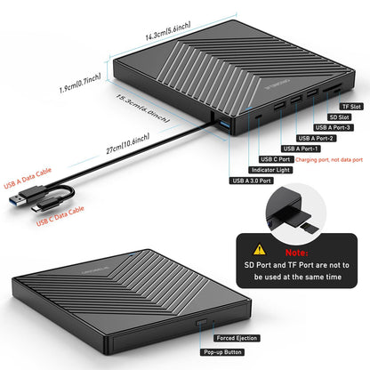 ORIGBELIE External DVD Drive, Ultra Slim CD Burner USB 3.0 with 4 USB Ports and 2 TF/SD Card Slots, Plug-and-Play External CD Drive for Laptop Mac, PC Windows 11/10/8/7, Linux OS