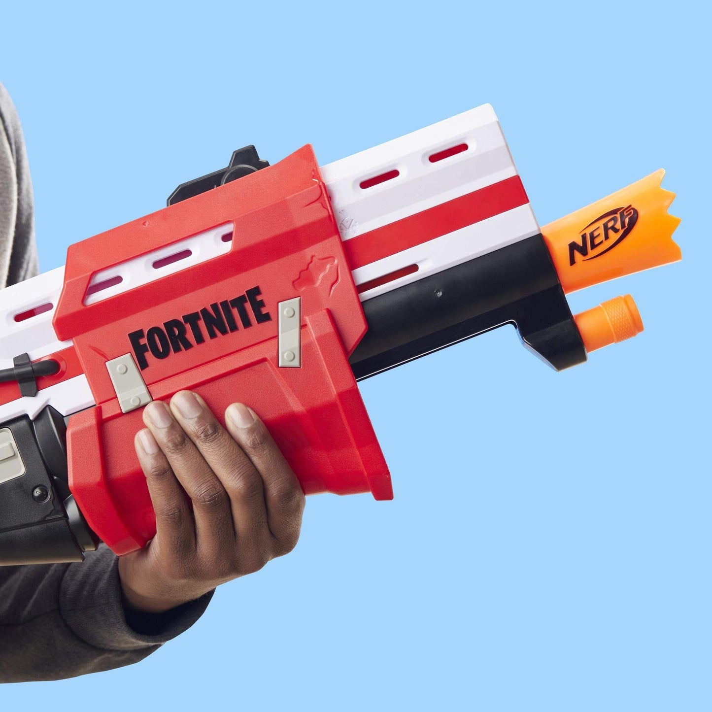 NERF Hasbro E7065EU4 TS Pump-Action Blaster, 8 Mega Fortnite Darts, Dart Storage Compartment - For Teens and Adults Red.