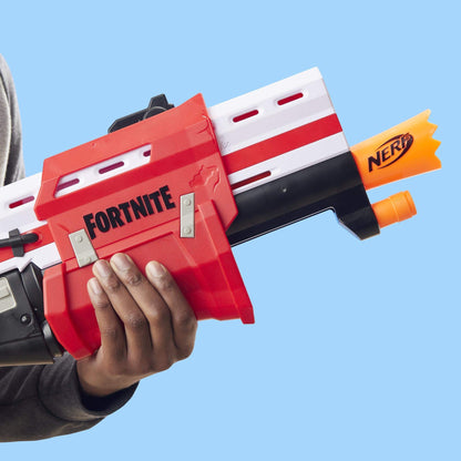 NERF Hasbro E7065EU4 TS Pump-Action Blaster, 8 Mega Fortnite Darts, Dart Storage Compartment - For Teens and Adults Red.