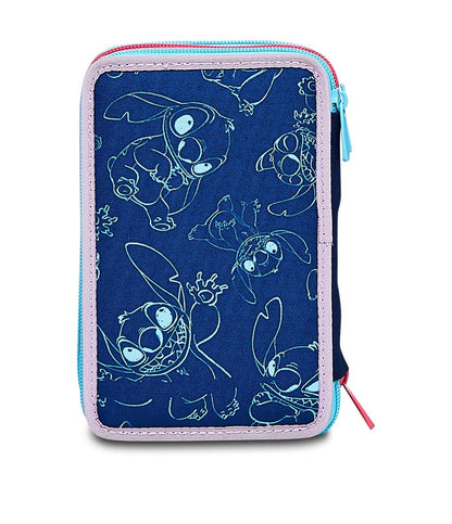 Seven pencil cases, multi-colored pouches with pencils, markers, and school supplies. Includes 3 compartments and perfect for girls in elementary school. XXL LILO&Stitch.