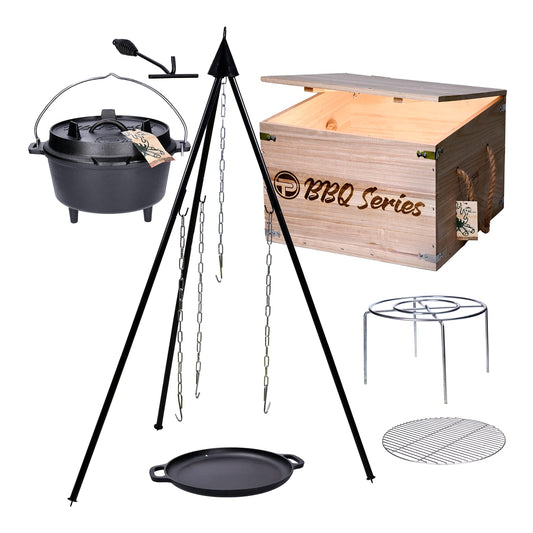 TP Premium BBQ Dutch Oven Tripod Set, 7-piece with fire pot, tripod, cast iron pan, grill grate including grill accessories and wooden box, ideal as a gift set.