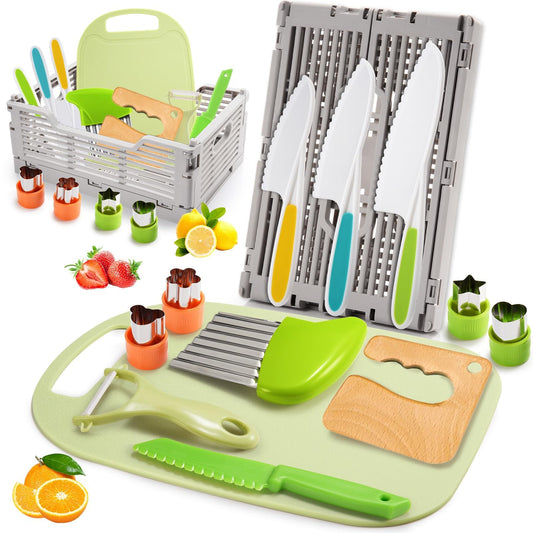 JoltJive kids knife, kids knife for ages 1 2 3 4 5 6 years children's kitchen with foldable storage box and serrated blade, Montessori toy as Christmas and birthday gift