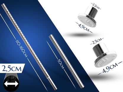 MEISENBERG Shower Curtain Rod without drilling 160-210cm, Silver, Ø 25 mm, Telescopic Curtain Rod Clips - Telescopic Rod for windows, showers and partitions.