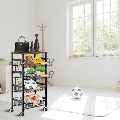 Treesunshine rolling utility cart, kitchen cart with countertop, serving cart with extendable basket made of iron-carbon alloy, wooden kitchen cart, kitchen cart with ample storage, 5-tier utility cart