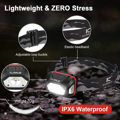 Klarus HM1 440 lumens rechargeable gesture sensor headlamp, 5 modes 70 hours runtime, IPX6 waterproof LED headlamp for running, camping, hiking, hunting (gray).
