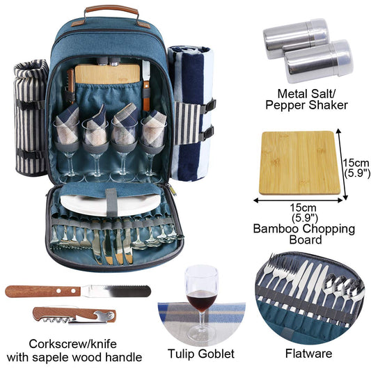 Sunflora picnic backpack set for 4 with insulated cooler and blanket, picnic basket for 4 people for camping outdoor (blue & stripes)