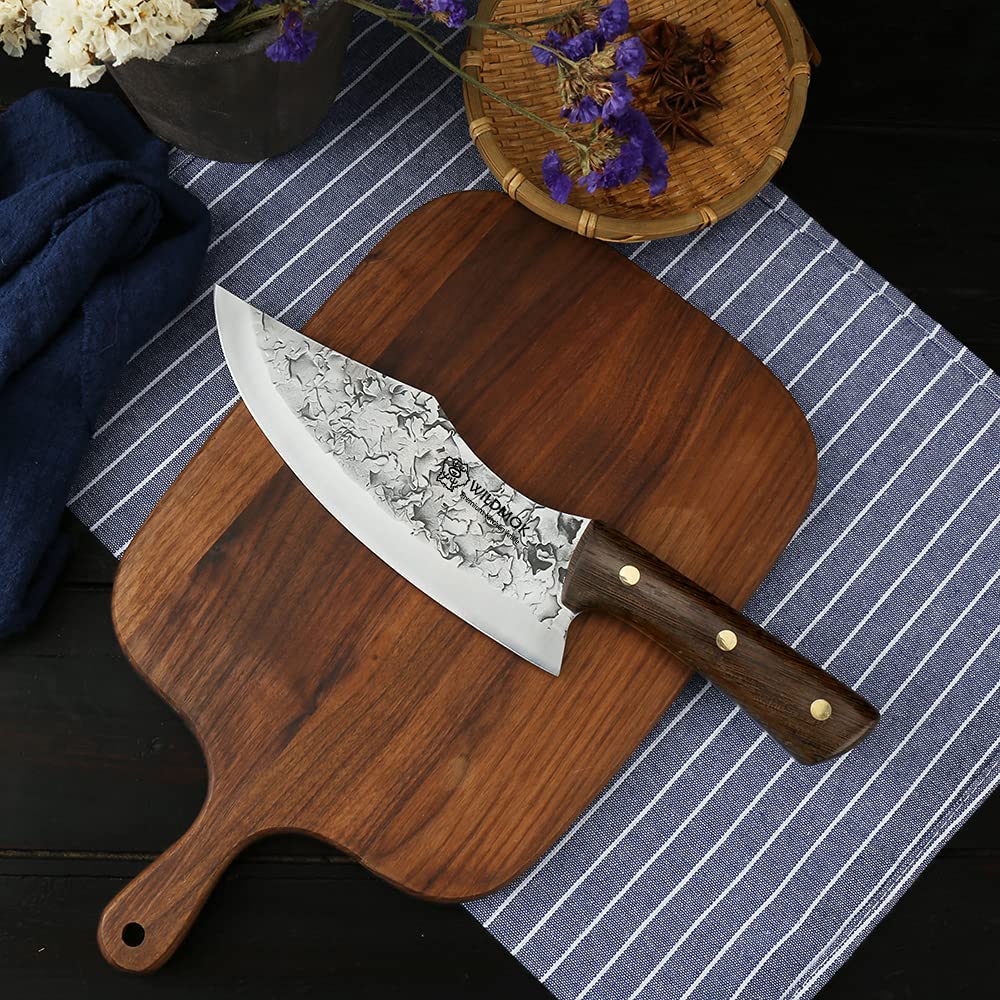 WILDMOK Hand-forged Butcher Knife 19.5cm Meat and Vegetable Cleaver made of Carbon Steel Full Tang Chef's Knife for Kitchen, Camping, and BBQ.