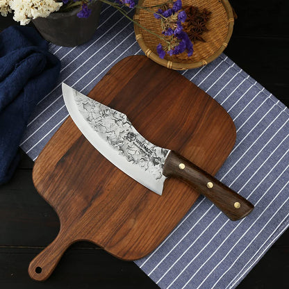 WILDMOK Hand-forged Butcher Knife 19.5cm Meat and Vegetable Cleaver made of Carbon Steel Full Tang Chef's Knife for Kitchen, Camping, and BBQ.