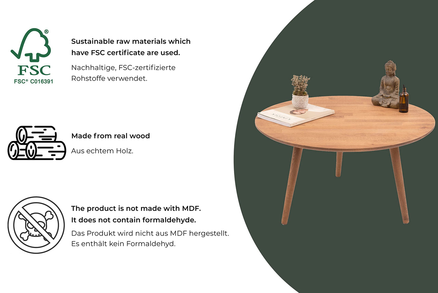 Gozos Oviedo Round Coffee Table, Stylish solid beech wood side table with easy assembly - Solid living room table - Vintage sofa table Ø 40 cm.