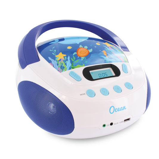 mooov 477170 CD player for kids with speakers, USB, headphone jack, AUX-IN port - boombox CD player portable - mains powered or batteries - Ocean model - blue/white