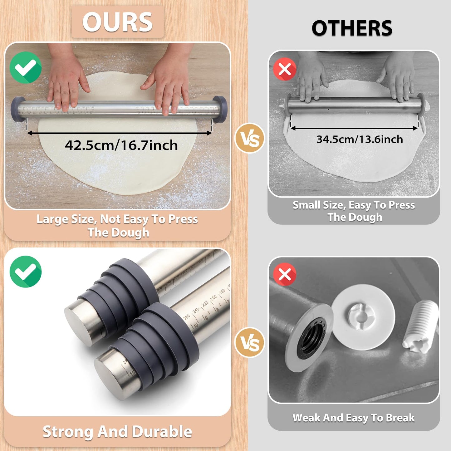 SUPER KITCHEN Adjustable Stainless Steel Rolling Pin with Removable Silicone Rings in 5 Sizes, Non-Stick Metal Rolling Pin, Baking Tool for Fondant, Pastry Dough, Pizza, 45cm