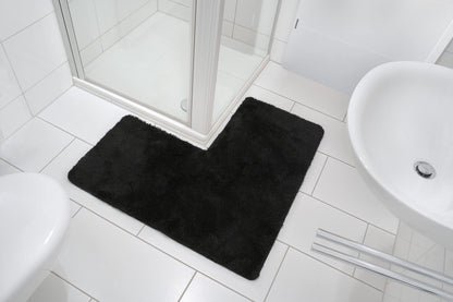 BADELIGA® corner shower mat, perfect mat for square shower enclosures. Extremely fluffy, non-slip & washable. Dryer-safe. Bath mat, bath rug with corner cutout 50 x 100 x 100 cm in black.