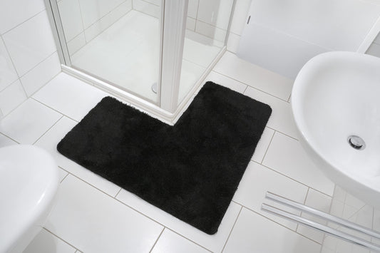 BADELIGA® corner shower mat, perfect mat for square shower enclosures. Extremely fluffy, non-slip & washable. Dryer-safe. Bath mat, bath rug with corner cutout 50 x 100 x 100 cm in black.