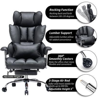Efomao ergonomic office chair, PU leather executive chair, office chair 200 kg with footrest and lumbar support, Adjustable high back chair, Black