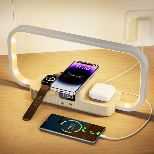 Bedside lamp with charging function, LED table lamp with touch control, stepless dimming and 5 color modes. 3-in-1 inductive charging station with wireless charger for iPhone/AirPods/iWatch (adapter included).