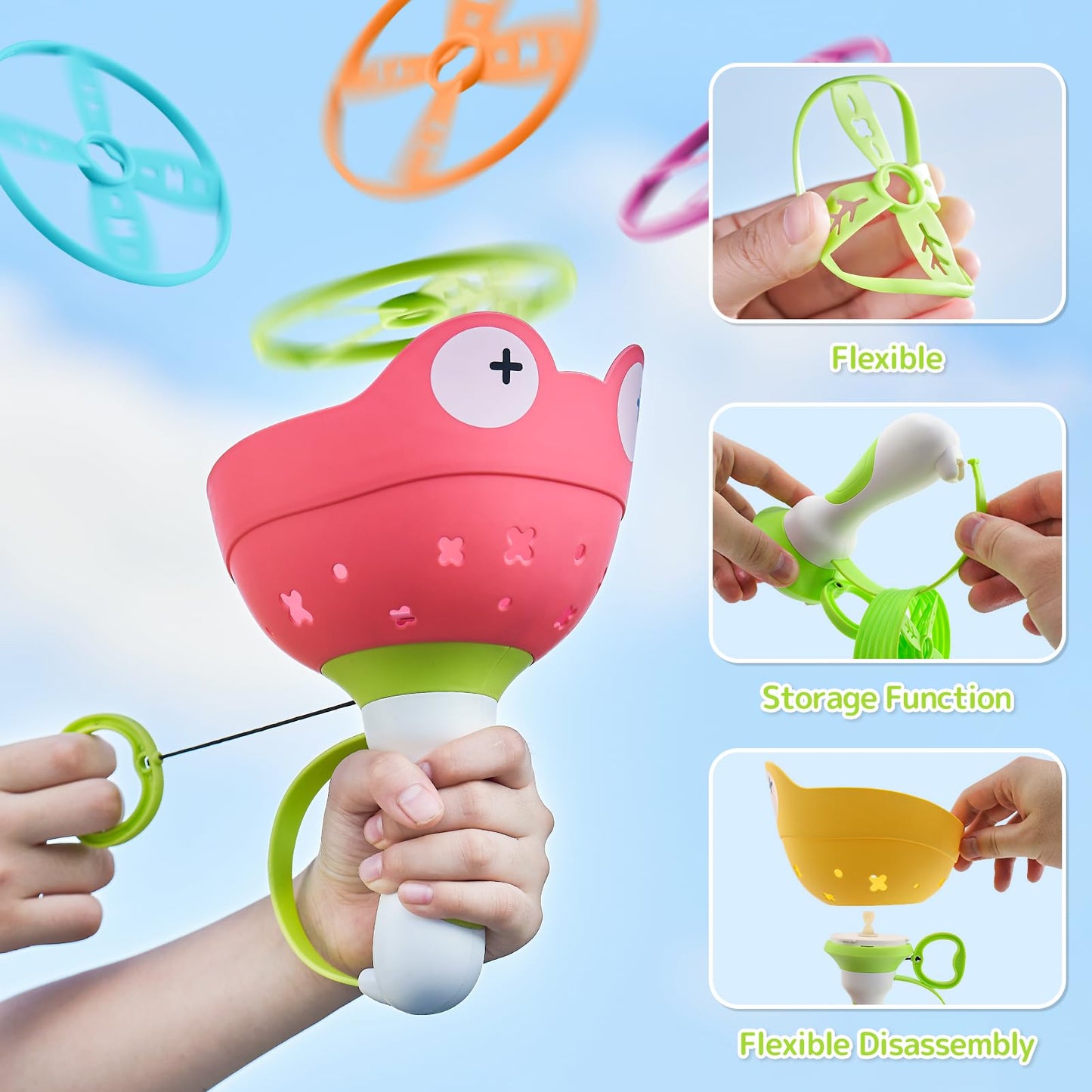 Outdoor toys for kids aged 4-8, including a flying saucer launcher game with 2 packs and 24 discs. Also, propeller toy for kids aged 3-6.