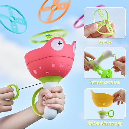 Outdoor toys for kids aged 4-8, including a flying saucer launcher game with 2 packs and 24 discs. Also, propeller toy for kids aged 3-6.
