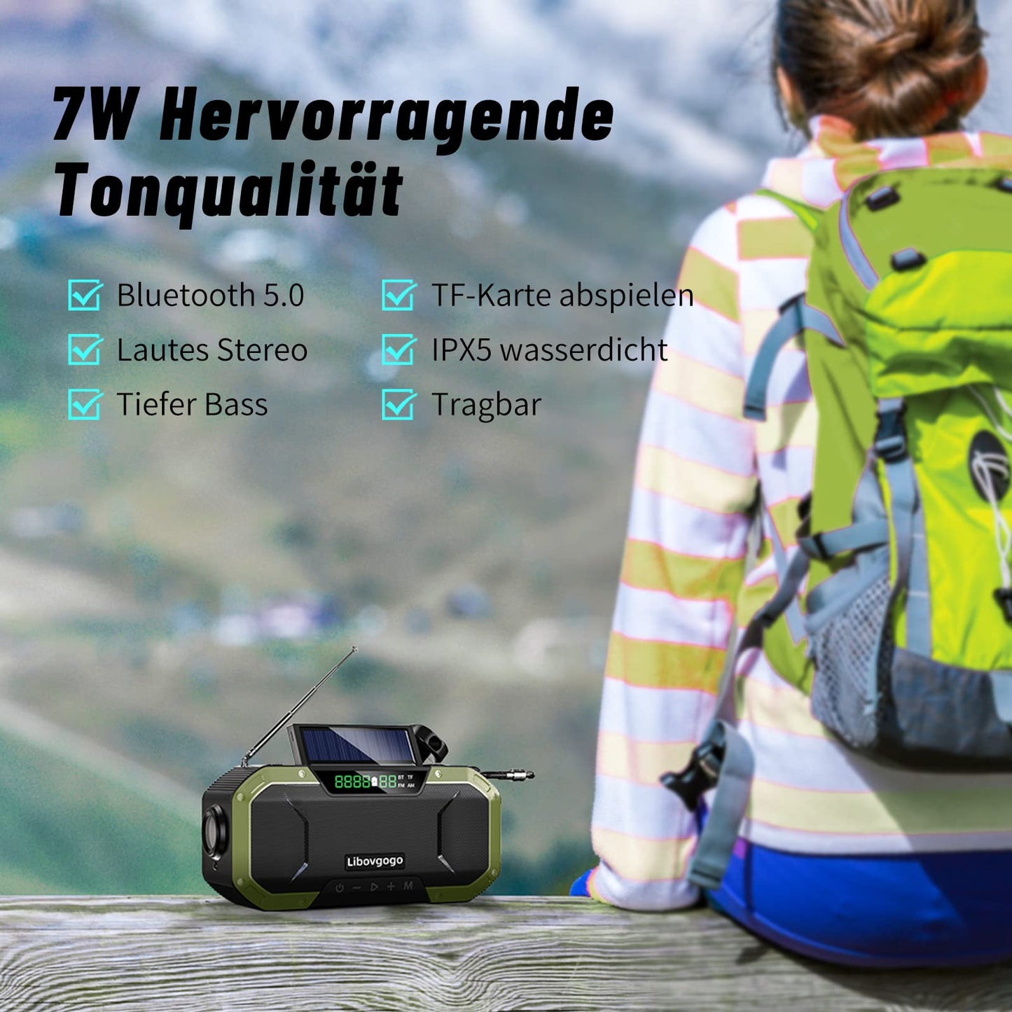 Libovgogo DF-580Pro 5000mAh hand-crank radio with phone charging function, solar, 7W IPX5 waterproof Bluetooth speaker, portable auto-scan AM/FM emergency radio with flashlight LED reading light for outdoor camping.