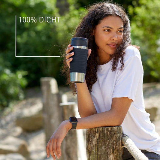 Emsa Travel Mug 360ml Wave Thermos Cup, new comfort screw cap, stainless steel insulated cup, keeps drinks hot for 4h and cold for 8h, 100% leak-proof, dishwasher safe, 360° drinking opening, black, N20212.