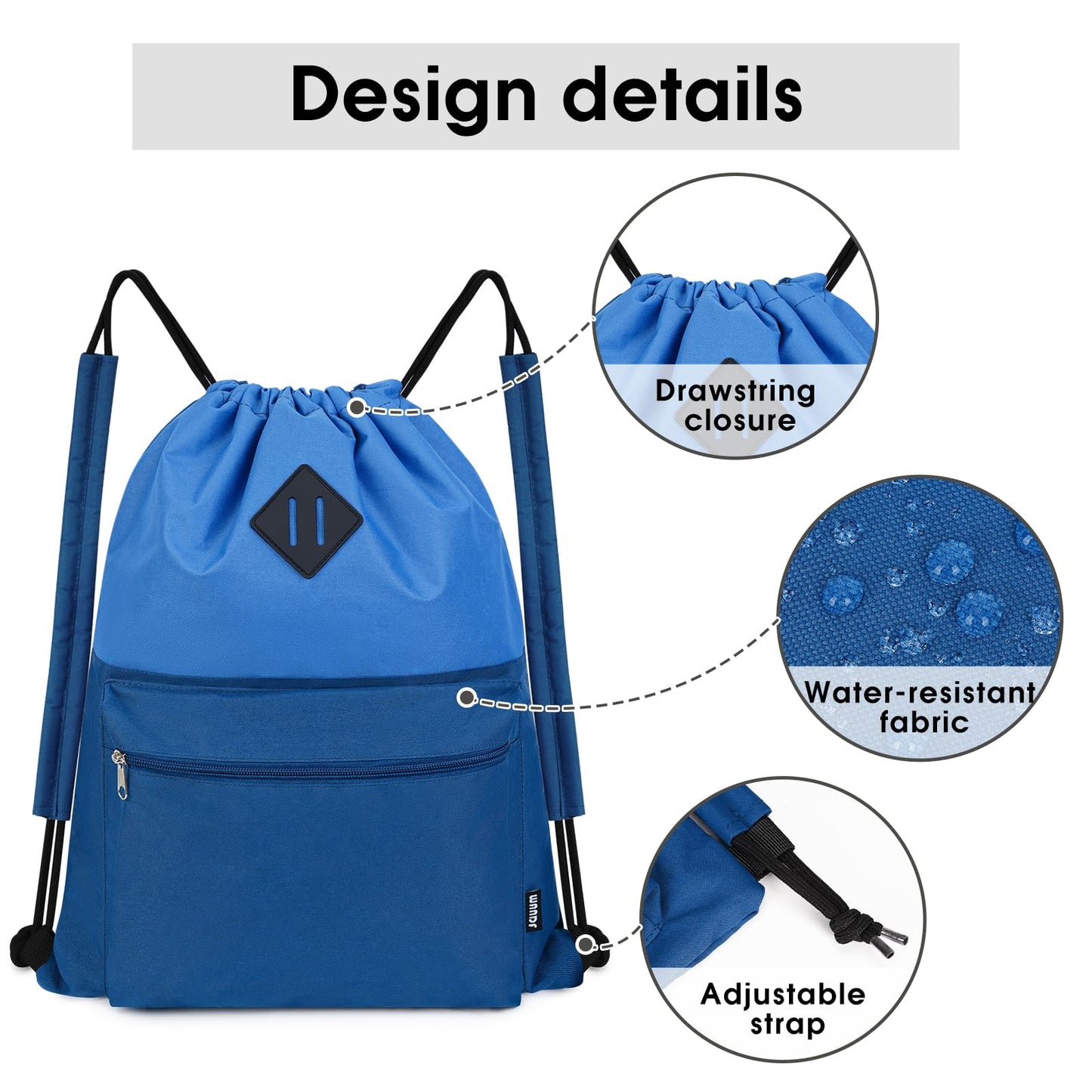 WANDF Drawstring Backpack, Sports Gym Bag with Wet Pocket, Water-Resistant Drawstring, Cinch Bag for Men and Women (Blue with Shoulder Padding)