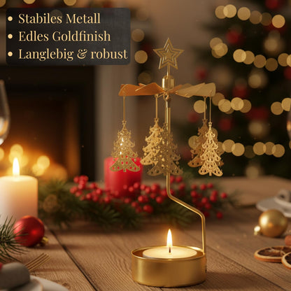 Tealight holder Angel Gold 16 cm - rotating metal candle holder, powered by candle heat, elegant Christmas & winter decor in Scandinavian style, gift packaging included.