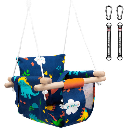 Katomi swing for baby kids with safety belt stainless steel carabiner soft cushion up to 50kg permissible length adjustable CE environmental fabric dinosaur pattern for garden indoor outdoor